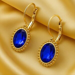 Blue Gemstone Drop Earrings – Beaded Gold Setting with Lever-Back Clasps Jewelry